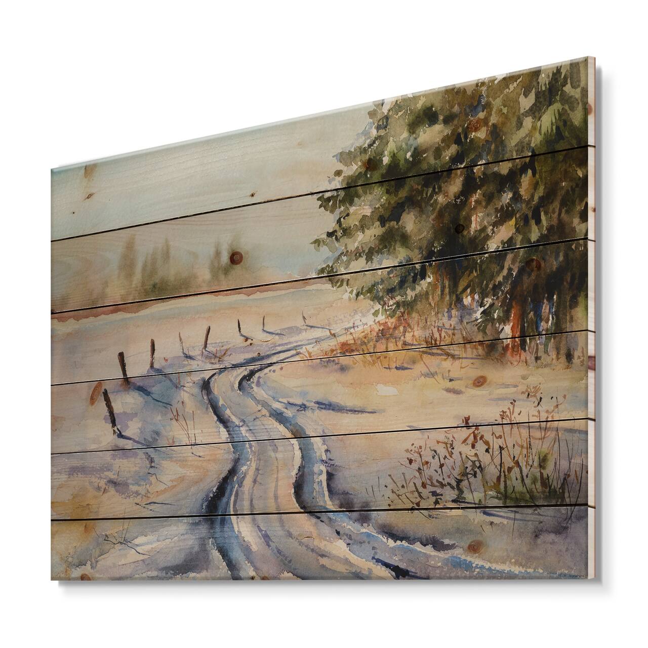 Designart - Snowy Winter Forest Landscape Country Road In Snow - Traditional Print on Natural Pine Wood